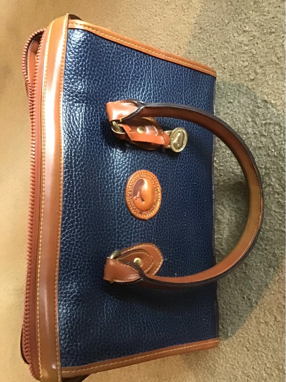 Dooney & Bourke Navy Pebbled Leather Satchel with Brown Trim